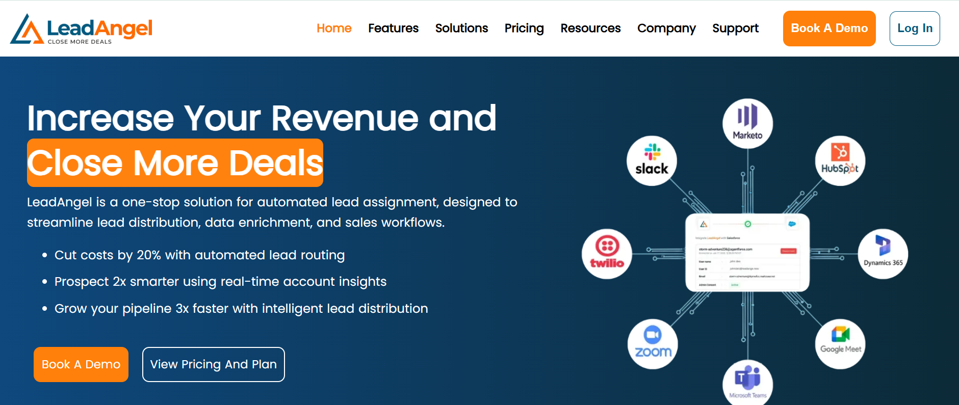 LeadAngel homepage, where users can explore how the solution benefits them, view pricing and plan, or book a demo