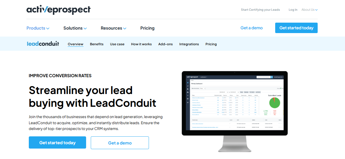 ActiveProspect's product page, reviewing LeadConduit and offering users to get started today or get a demo