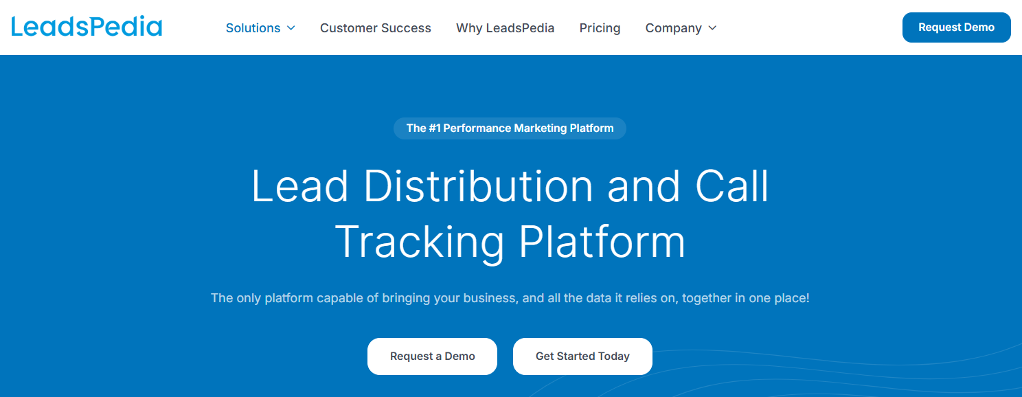 LeadsPedia homepage, where users can explore the platform, request a demo, or get started today