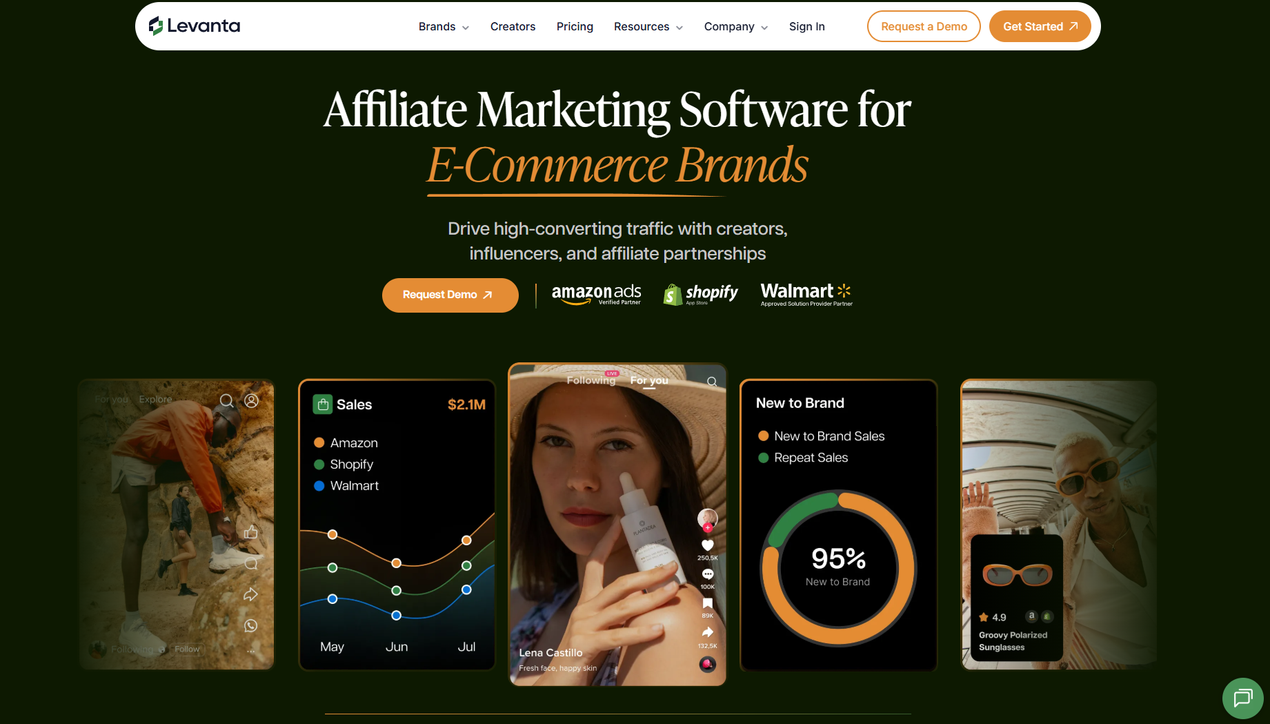Levanta homepage, a specialized affiliate marketing software for e-commerce brands selling on Amazon, Shopify, and Walmart.
