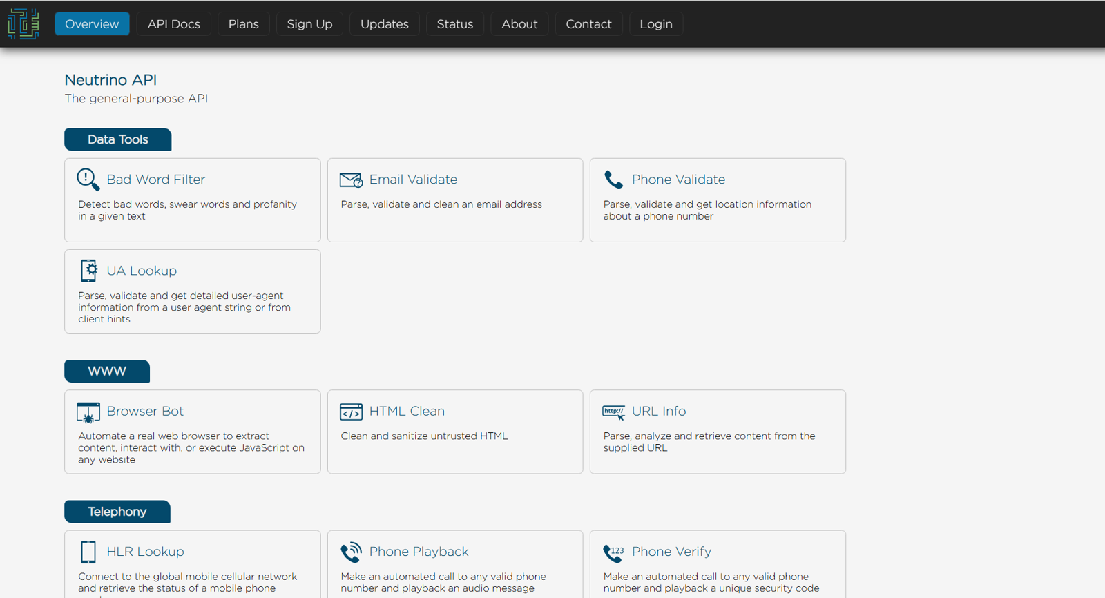 Neutrino API product overview showing Phone Validate, Phone Verify, and HLR Lookup endpoints