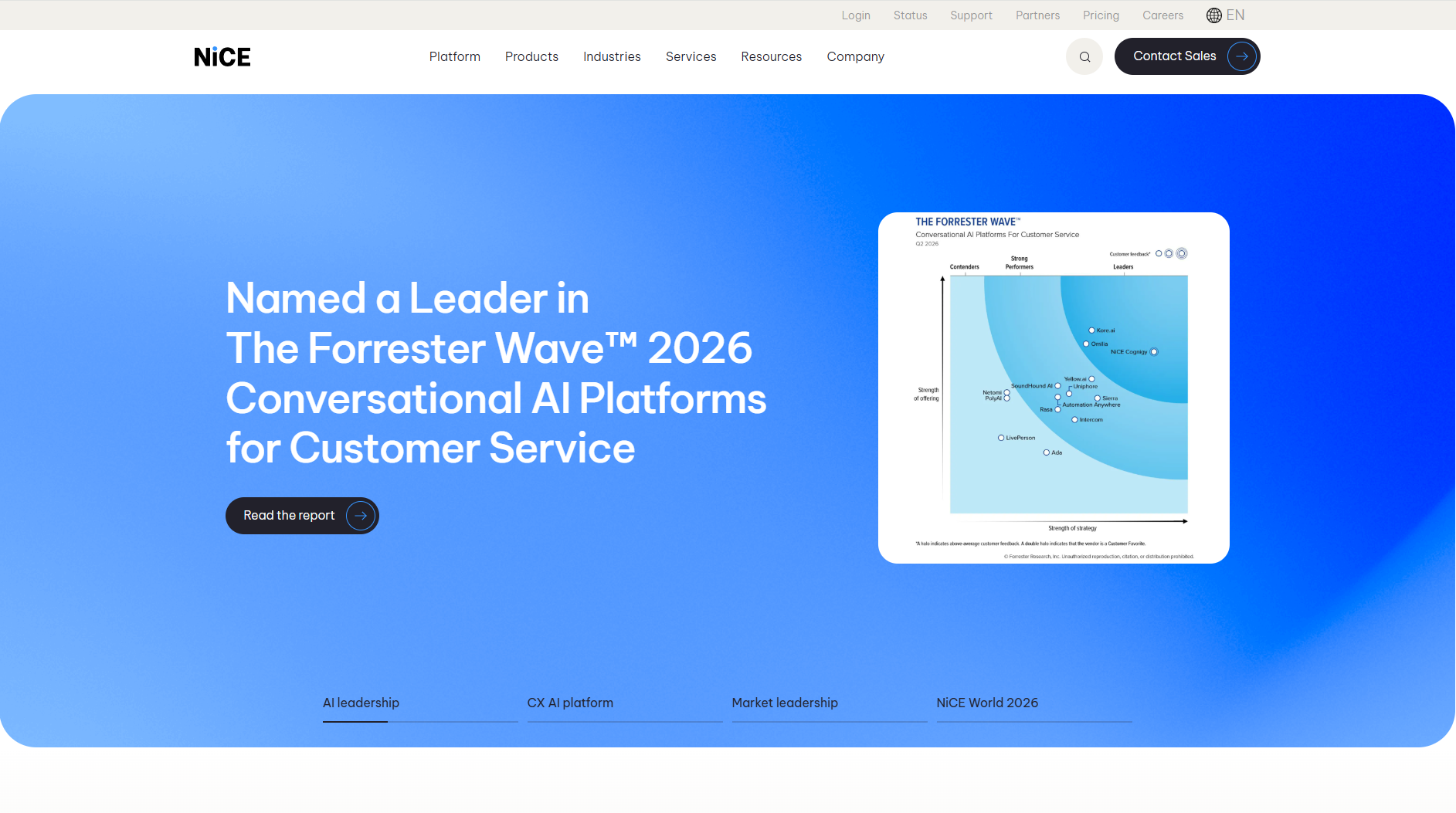 NiCE homepage. Enterprise cloud architecture and agentic AI customer service platform.