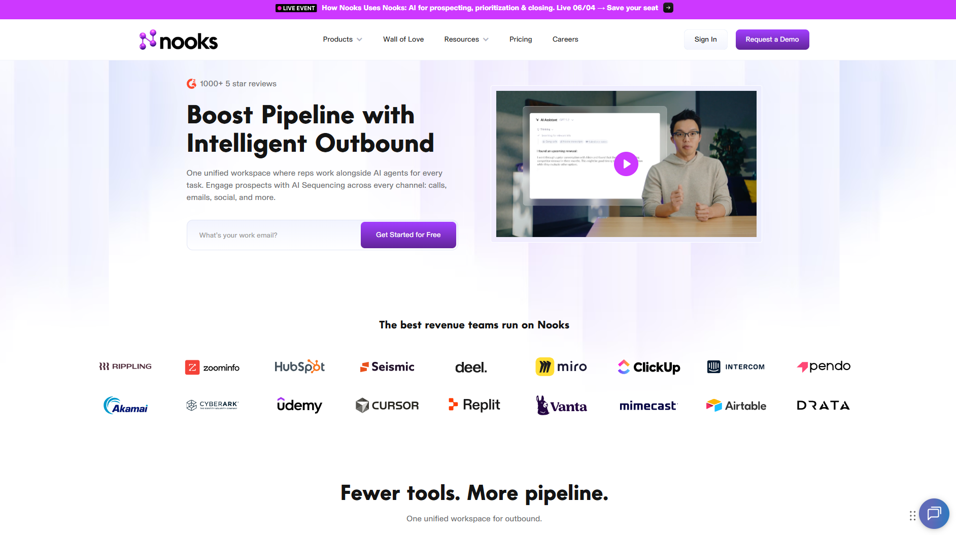 Nooks homepage, an AI outbound sales workspace combining parallel dialing and sequencing platforms.