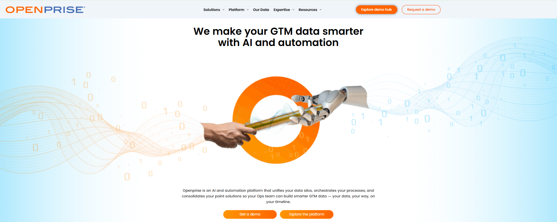 Openprise homepage, where users can explore the platform's offers and get a demo
