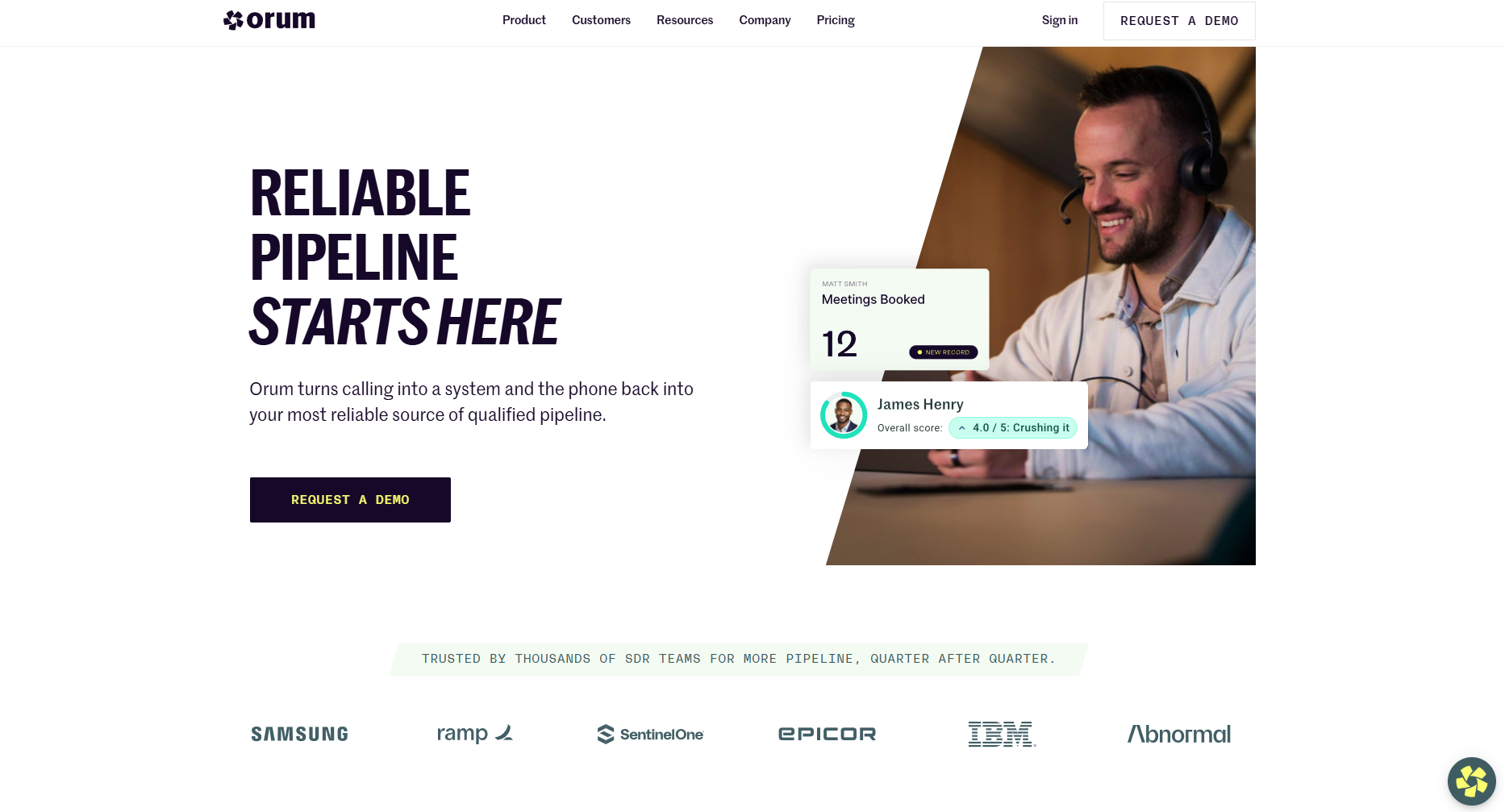 Orum homepage. AI-driven parallel-dialing and live voice-recognition sales-execution platform.
