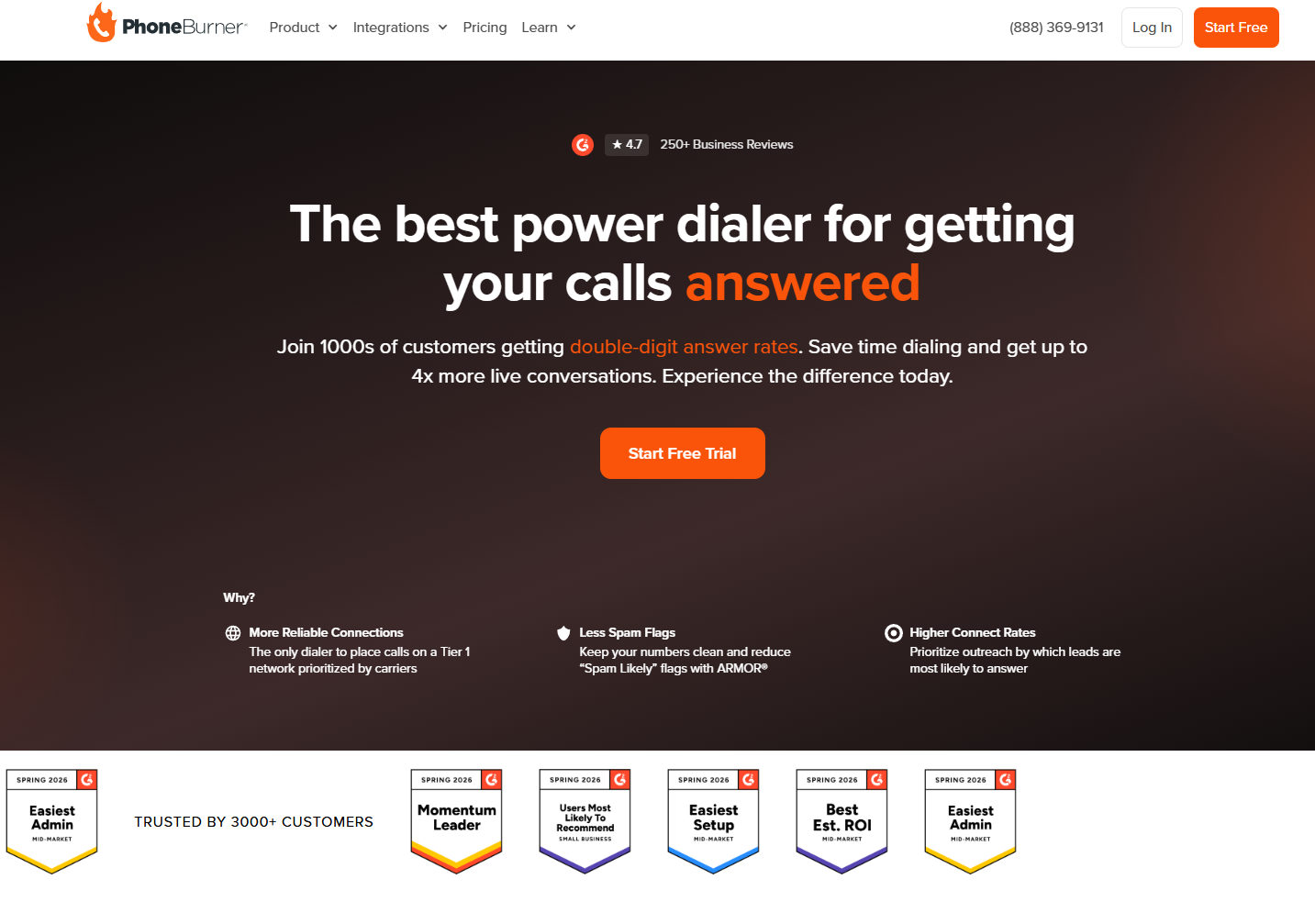 PhoneBurner homepage, a power dialer and Tier 1 network carrier outbound connection platform.