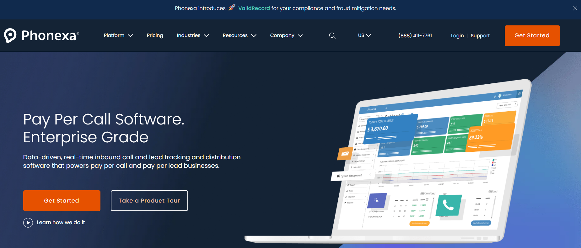 Phonexa homepage, a pay per call and pay per lead software suite that, among other things, supports inbound call verification and validation through the iClear integration