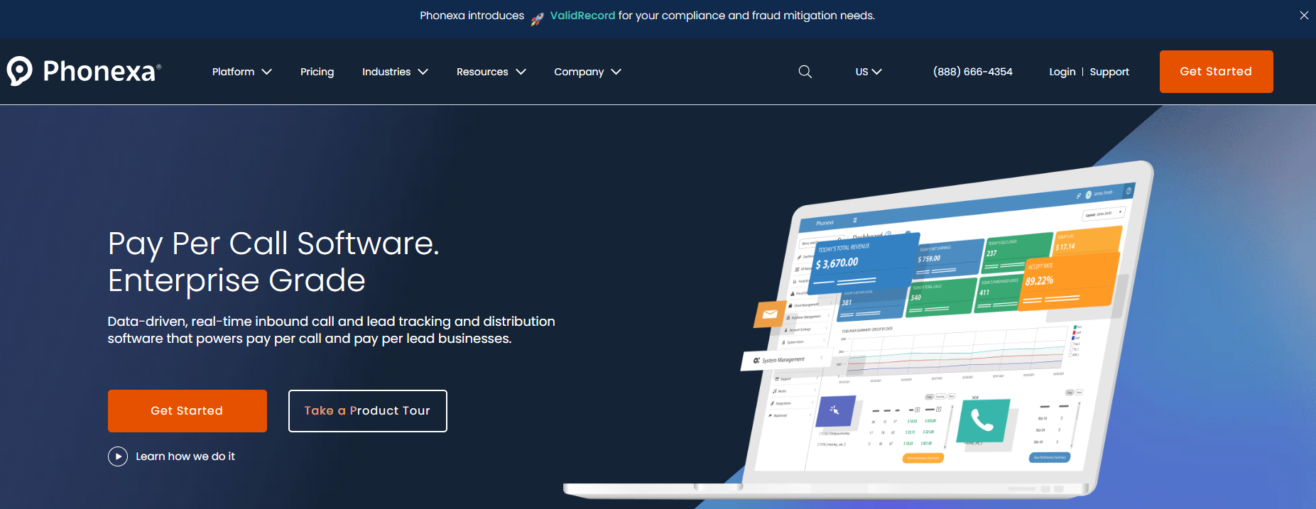 Phonexa homepage, an affiliate marketing software suite for pay per call and pay per lead marketing