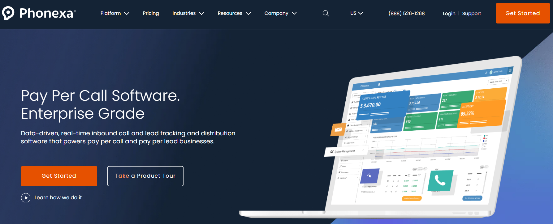 Phonexa homepage, an infrastructural solution for large-scale businesses that rely on inbound & outbound marketing calls, leads, and other communication channels, including omnichannel consumer tracking and engagement