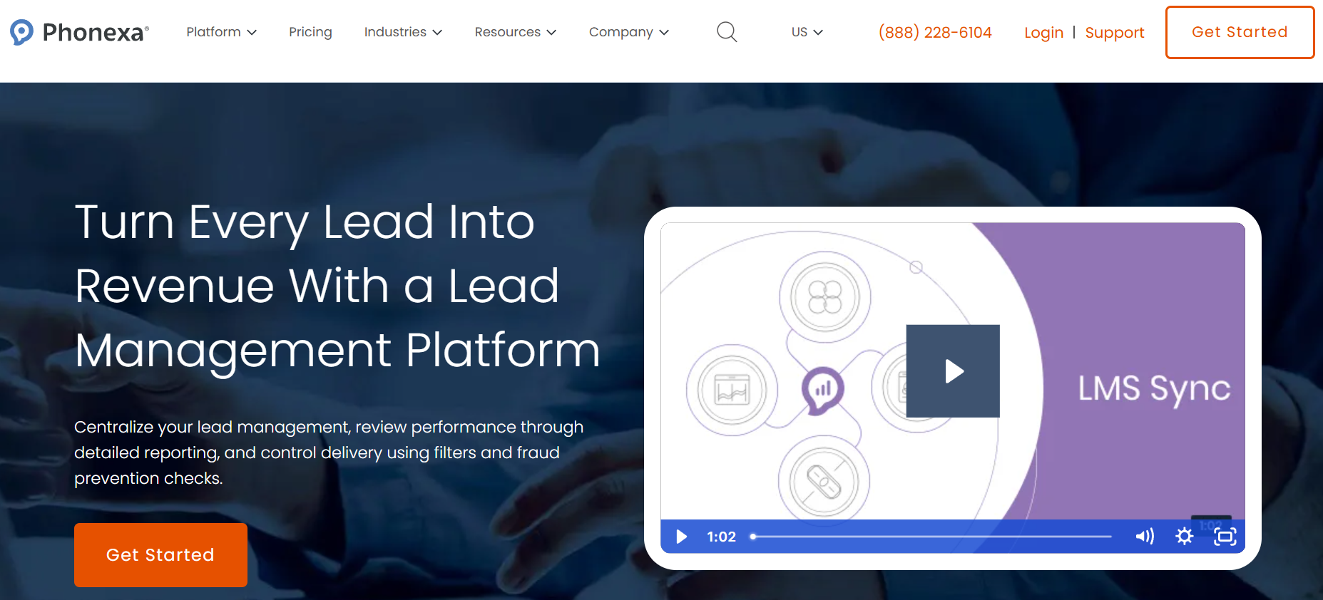Phonexa's LMS Sync product page, where users can get familiar with the module's functionality and get started