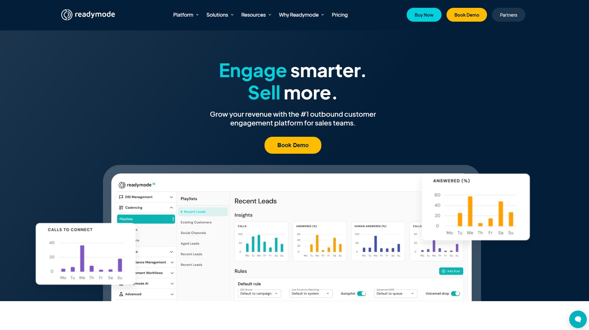 Readymode homepage. Cloud-based predictive dialer and proactive customer engagement sales platform.