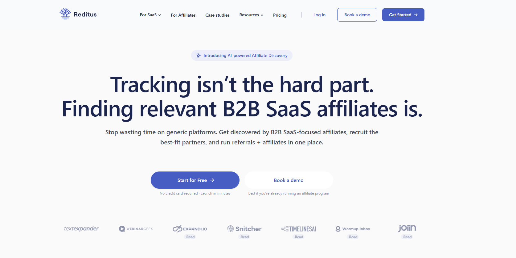 Reditus homepage. B2B SaaS affiliate management software and partner marketplace.