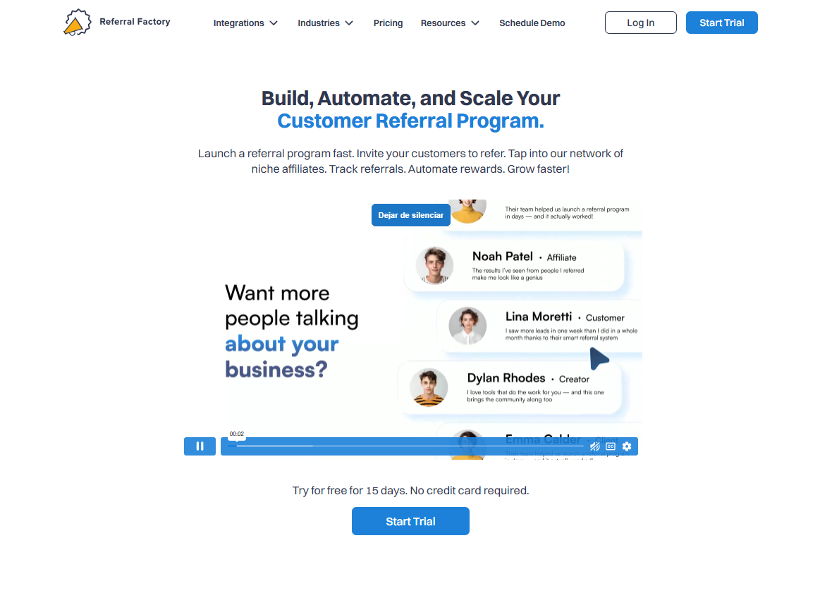 Referral Factory homepage, a no-code referral program software designed to build, automate, and scale customer referral campaigns.