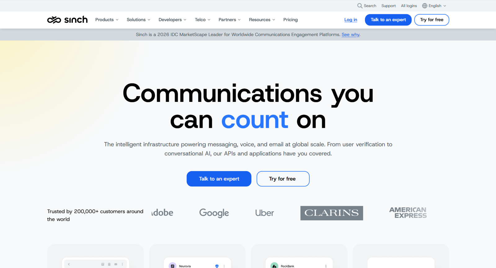 Sinch phone verification platform homepage trusted by 200,000+ customers