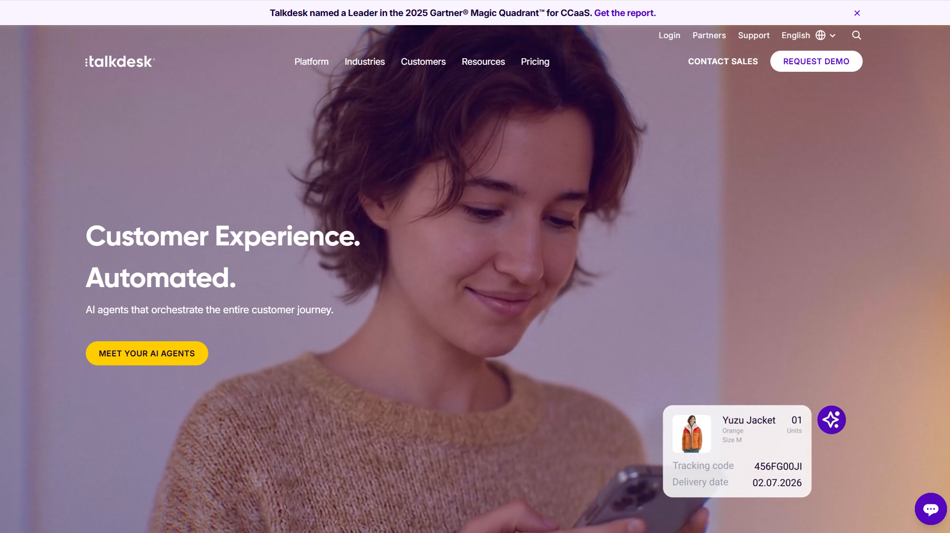 Talkdesk homepage, a cloud contact center and domain-aware AI customer journey orchestration platform.
