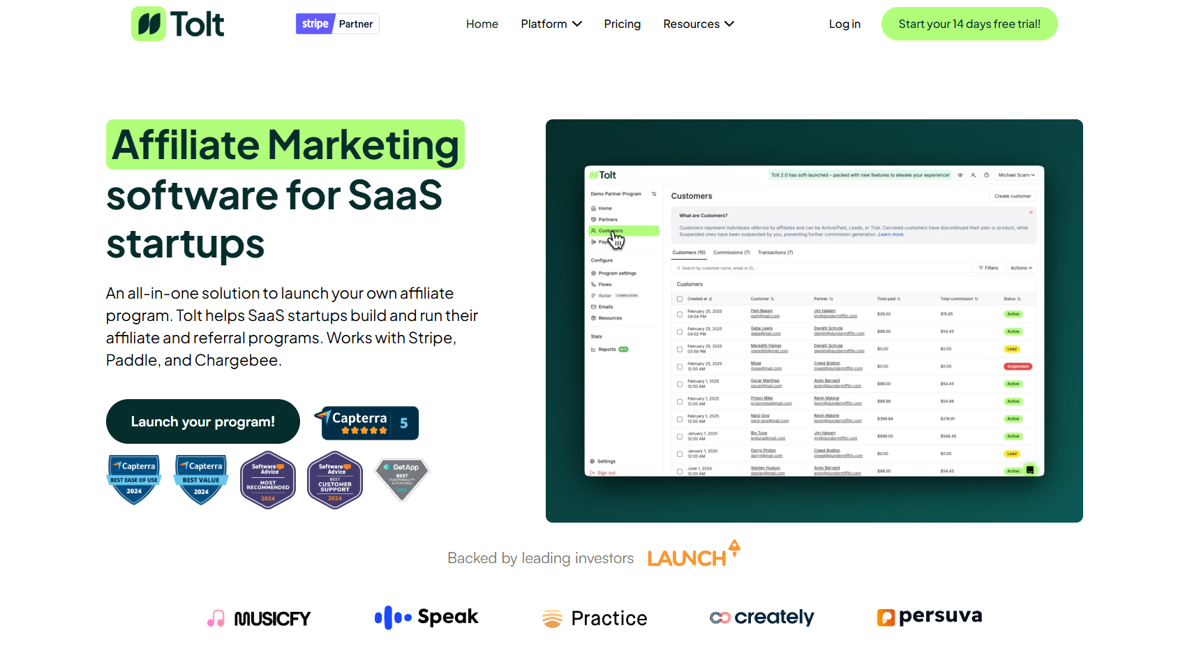 Tolt homepage, an affiliate marketing platform and management software for SaaS startups.
