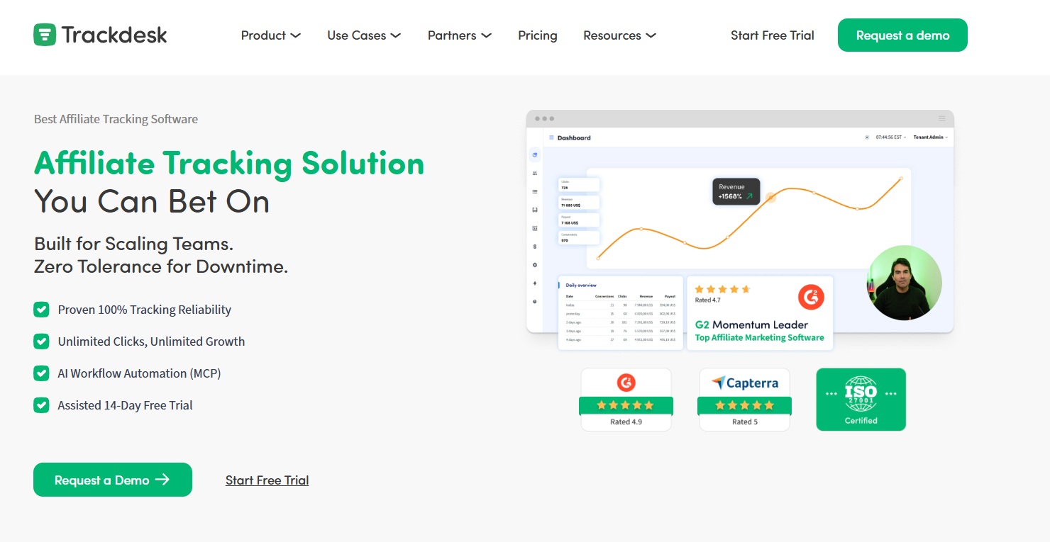Trackdesk affiliate tracking software homepage highlighting its benefits.