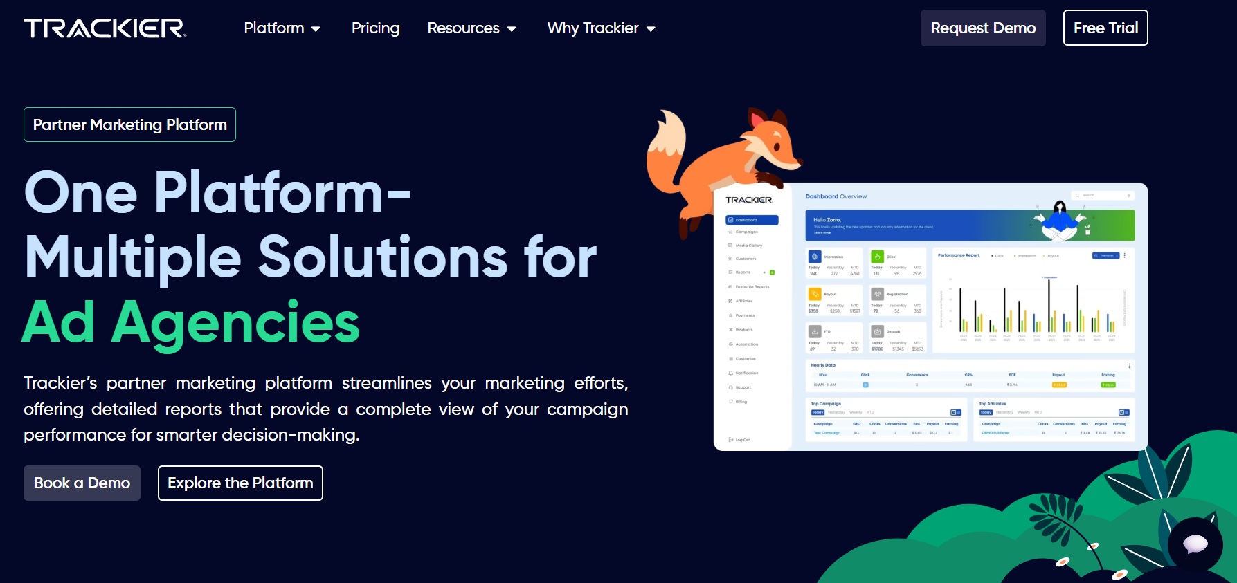 Trackier partner marketing platform homepage showing campaign performance dashboard for ad agencies.