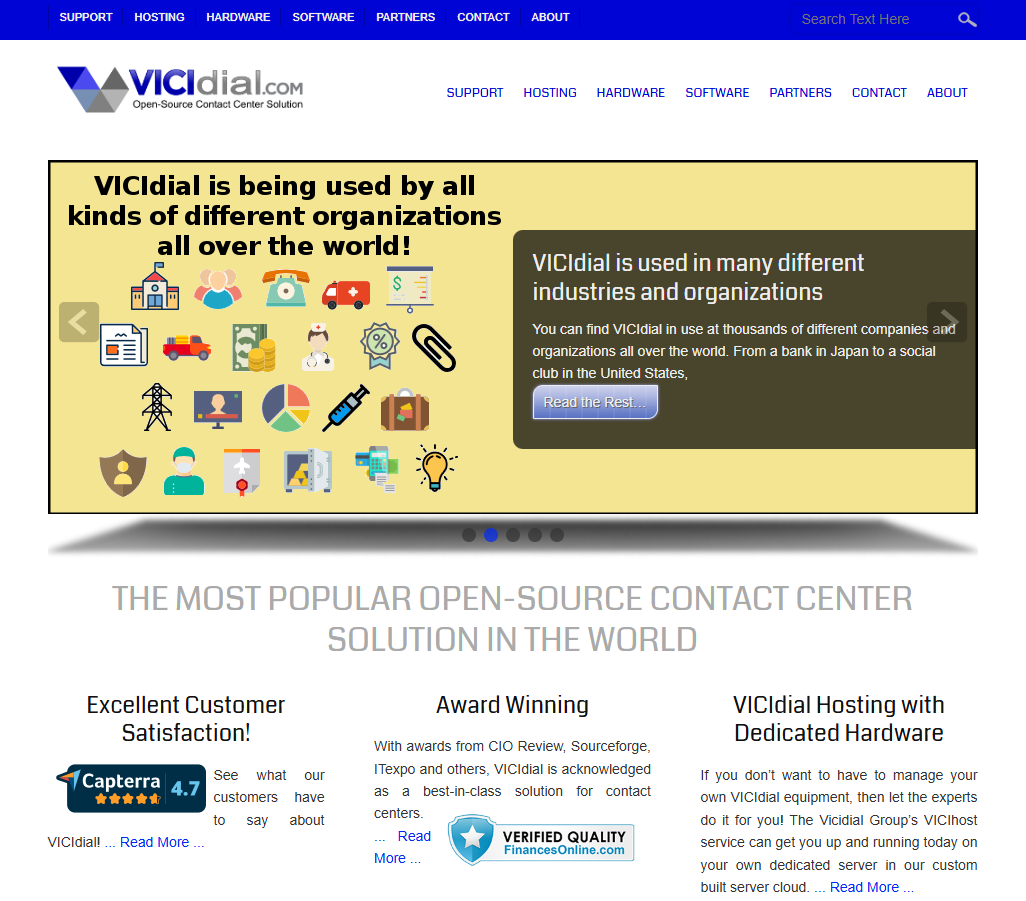 VICIdial homepage. Open-source inbound and outbound call-distribution contact-center operating platform.
