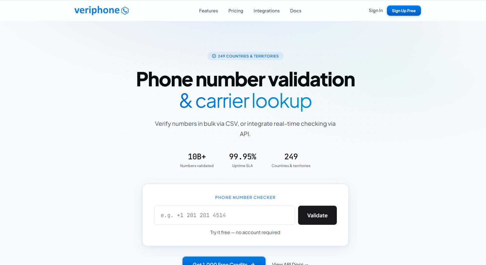 Veriphone phone number validation and carrier lookup homepage with 10B+ numbers validated across 249 countries