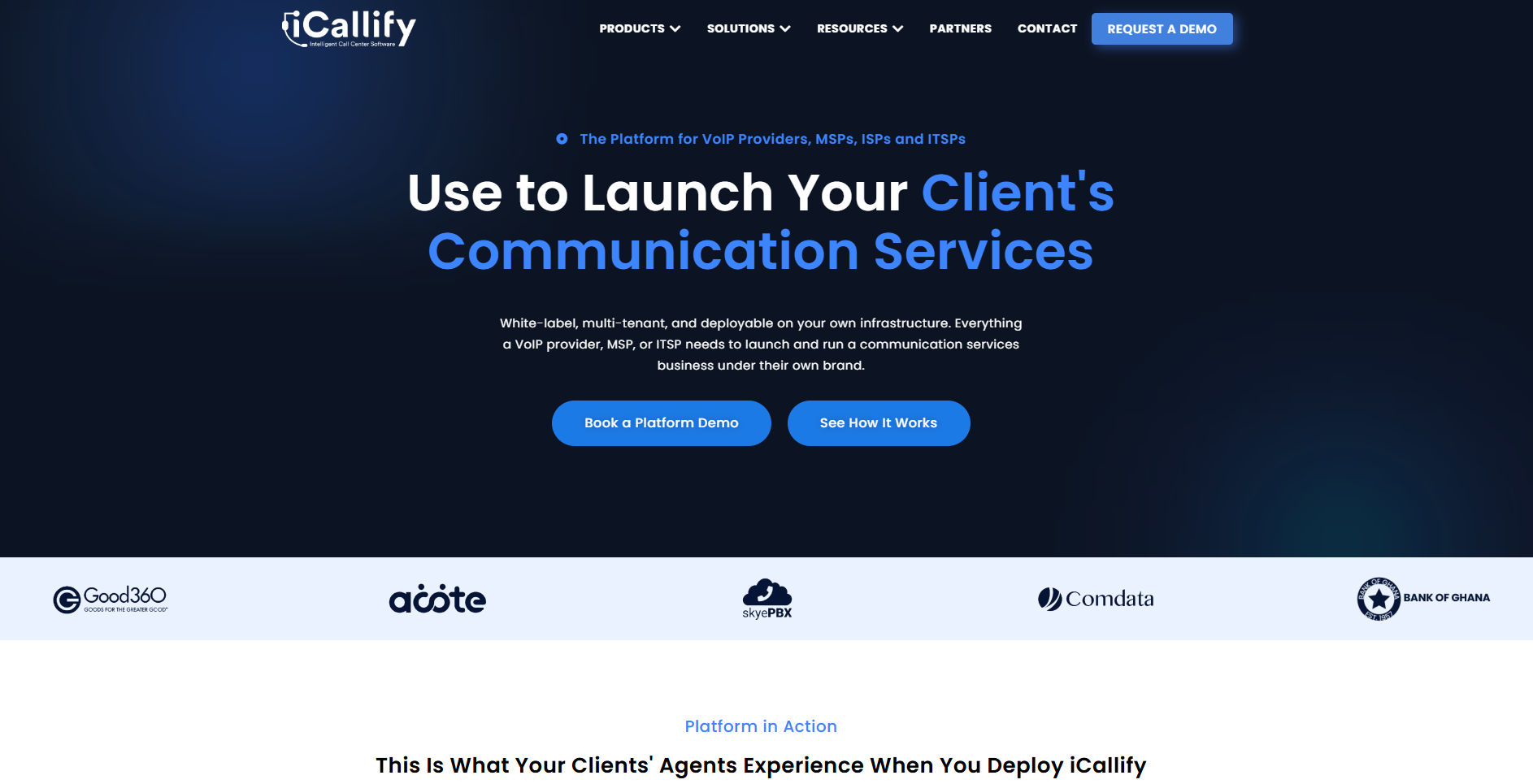 Callify homepage, a multi-tenant contact center and white-label communication services platform.
