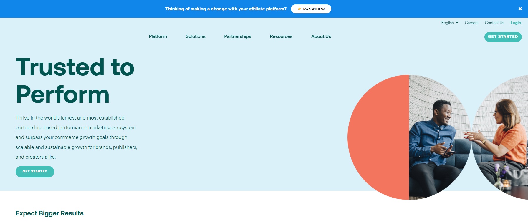 CJ affiliate network homepage with "Trusted to Perform" headline and partnership-based performance marketing messaging.