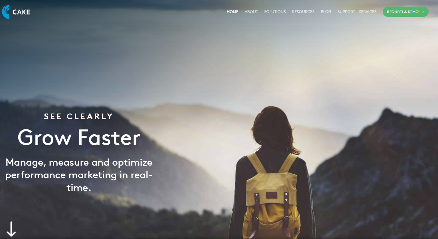 Getcake website homepage with tagline for managing and measuring performance marketing in real time.