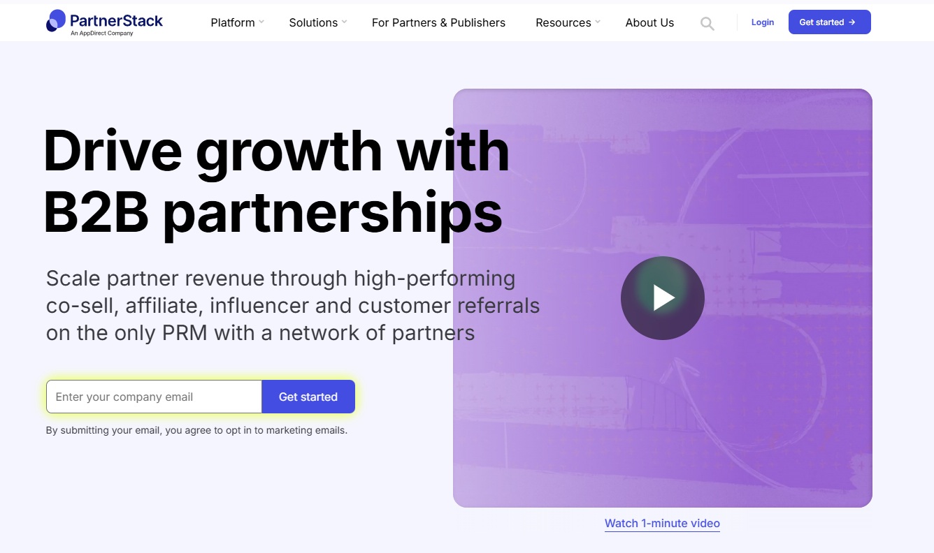 PartnerStack homepage showing the headline "Drive growth with B2B partnerships" and a brief description of its PRM platform.