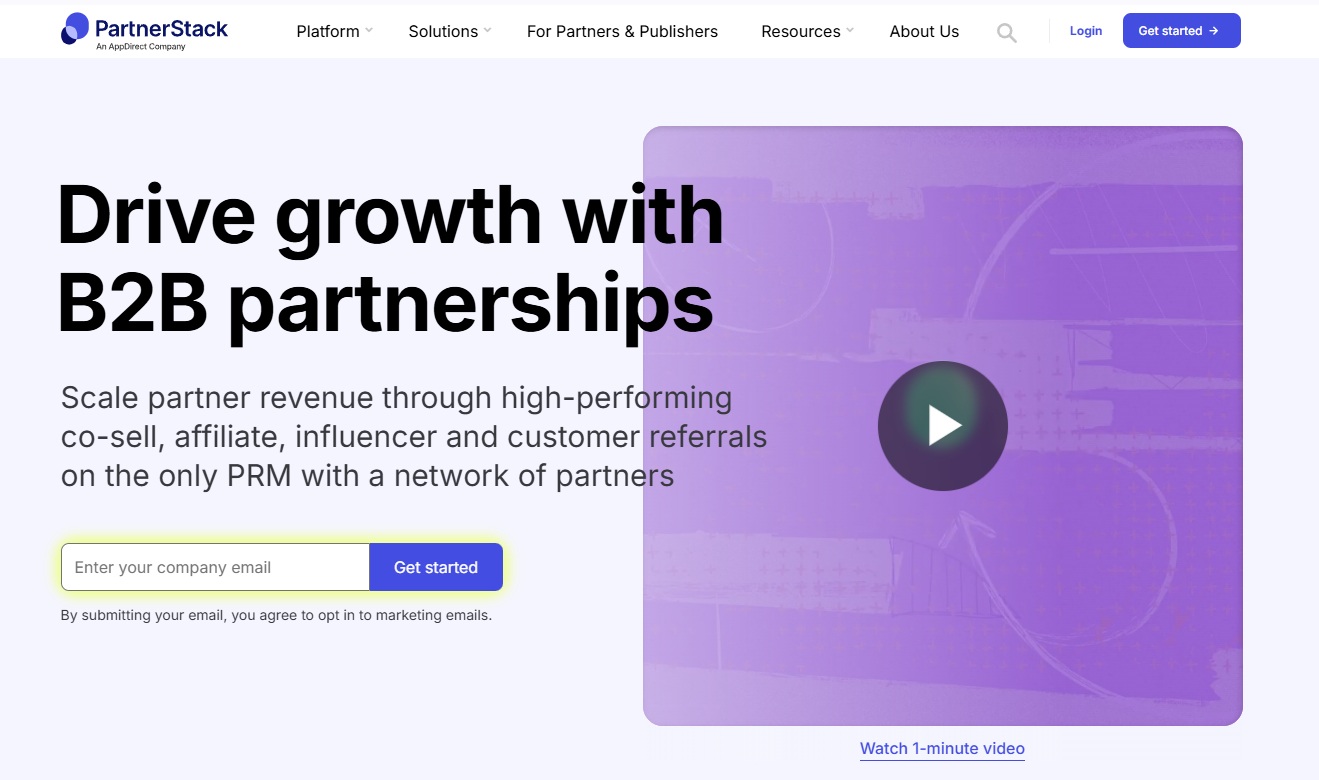 PartnerStack homepage showing the headline "Drive growth with B2B partnerships" and a brief description of its PRM platform.