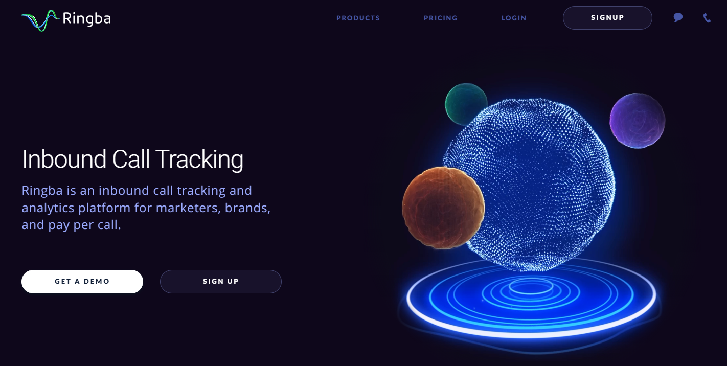 Ringba homepage, where users can get familiar with the solution, get a demo, or sign up
