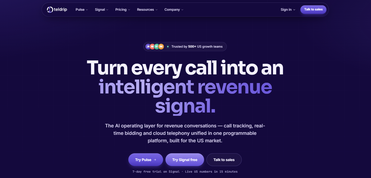 Teldrip homepage where users can request to test Pulse and Signal solutions for free or talk to sales
