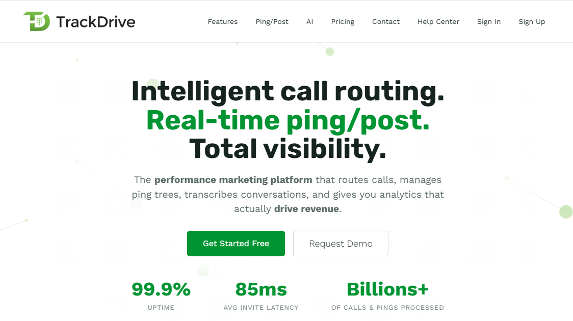 Trackdrive homepage, where users can explore the platform, get started for free, or request a demo