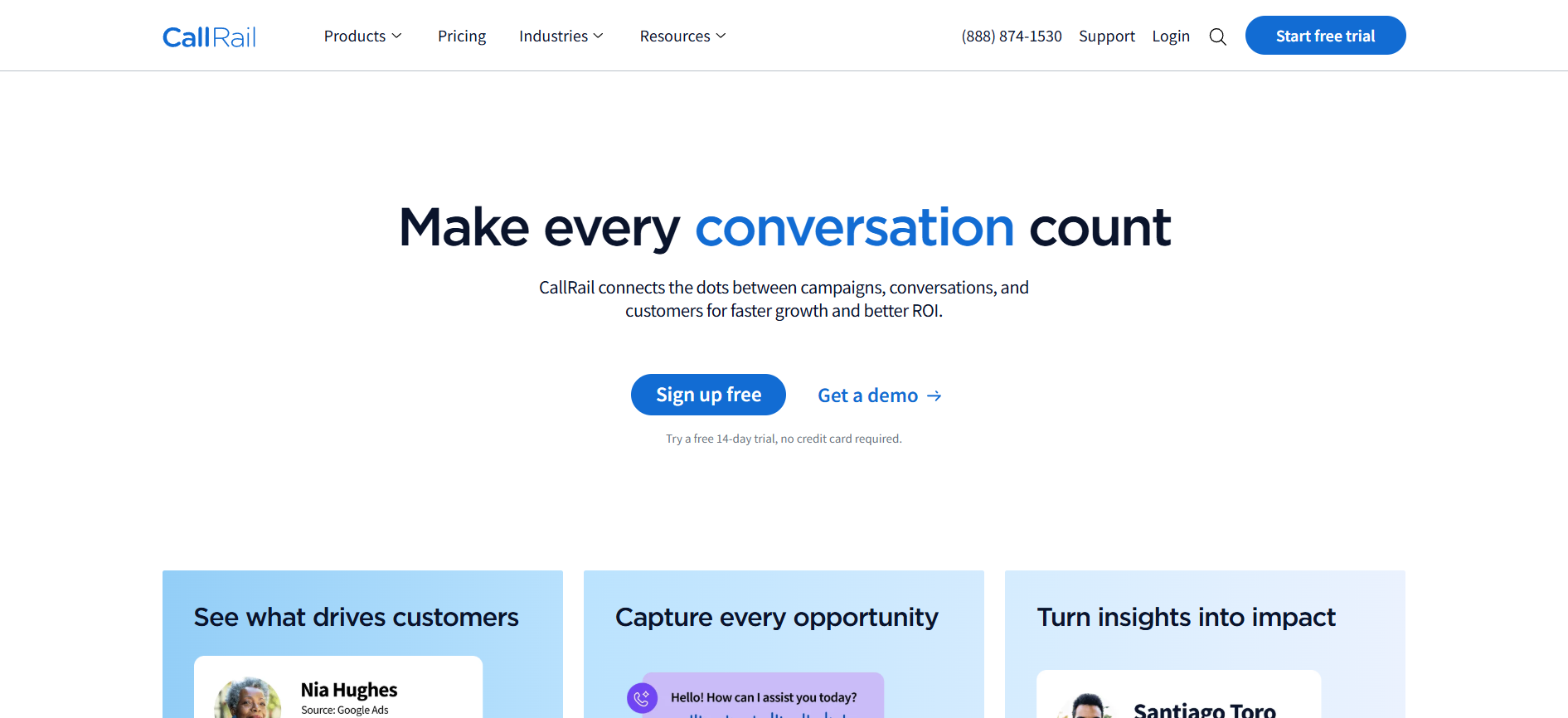 CallRail homepage featuring the headline "Make every conversation count," call-to-action buttons, and product feature cards.
