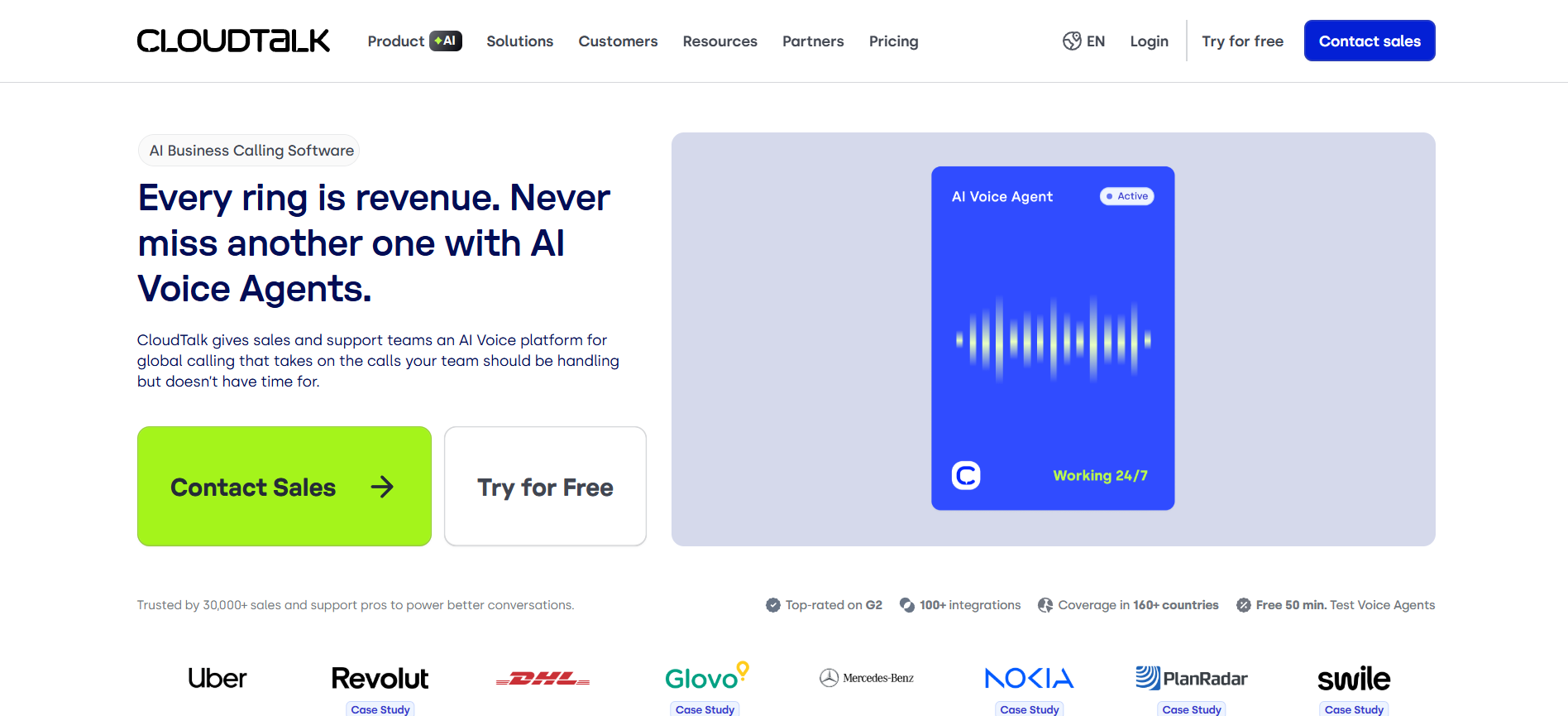 CloudTalk homepage promoting AI-powered calling, with the headline "Every ring is revenue. Never miss another one with AI Voice Agents," CTA buttons, and company icons.