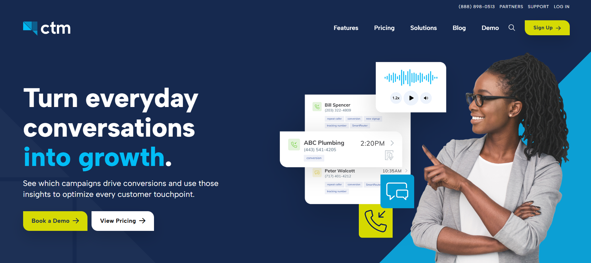 CallTrackingMetrics homepage depicting a woman pointing to dashboard visuals, and also featuring CTA buttons, and the headline "Turn everyday conversations into growth."