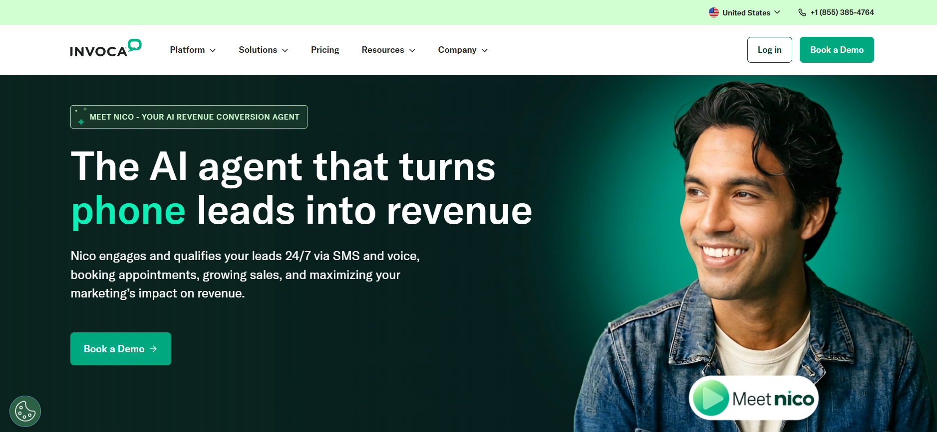 Invoca homepage showing a smiling man and the button "Meet nico," "Book a Demo" buttons, and the headline "The AI agent that turns phone leads into revenue."
