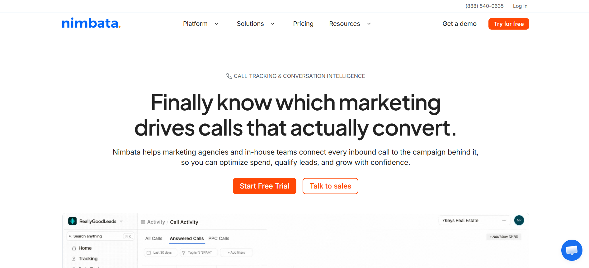 Nimbata homepage featuring the headline "Finally know which marketing drives calls that actually convert," CTA buttons, and dashboard visuals.
