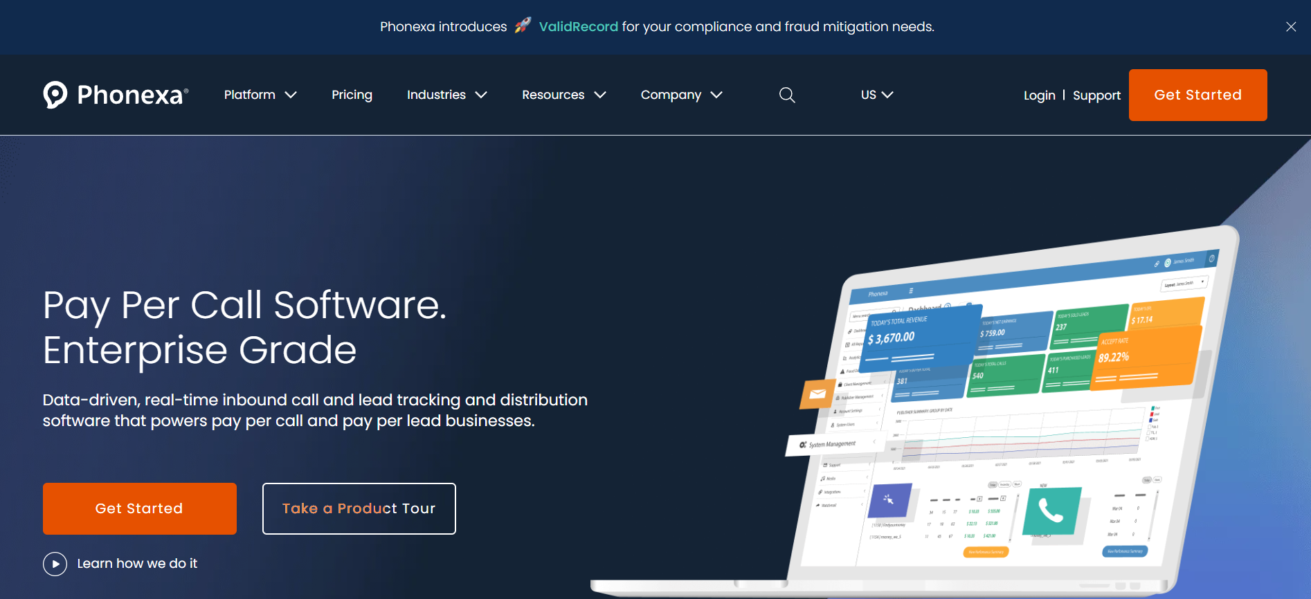 Phonexa homepage showcasing pay-per-call software, with a laptop displaying lead-tracking and analytics dashboards, plus CTA buttons and a navigation menu.