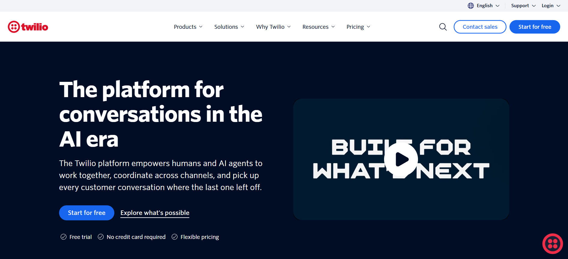 Twilio homepage featuring an embedded promotional video, the headline "The platform for conversations in the AI era," and CTA buttons.
