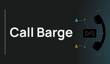Call barge illustration showing a phone handset with two user profiles connected to a live call waveform, representing a third party joining an ongoing call