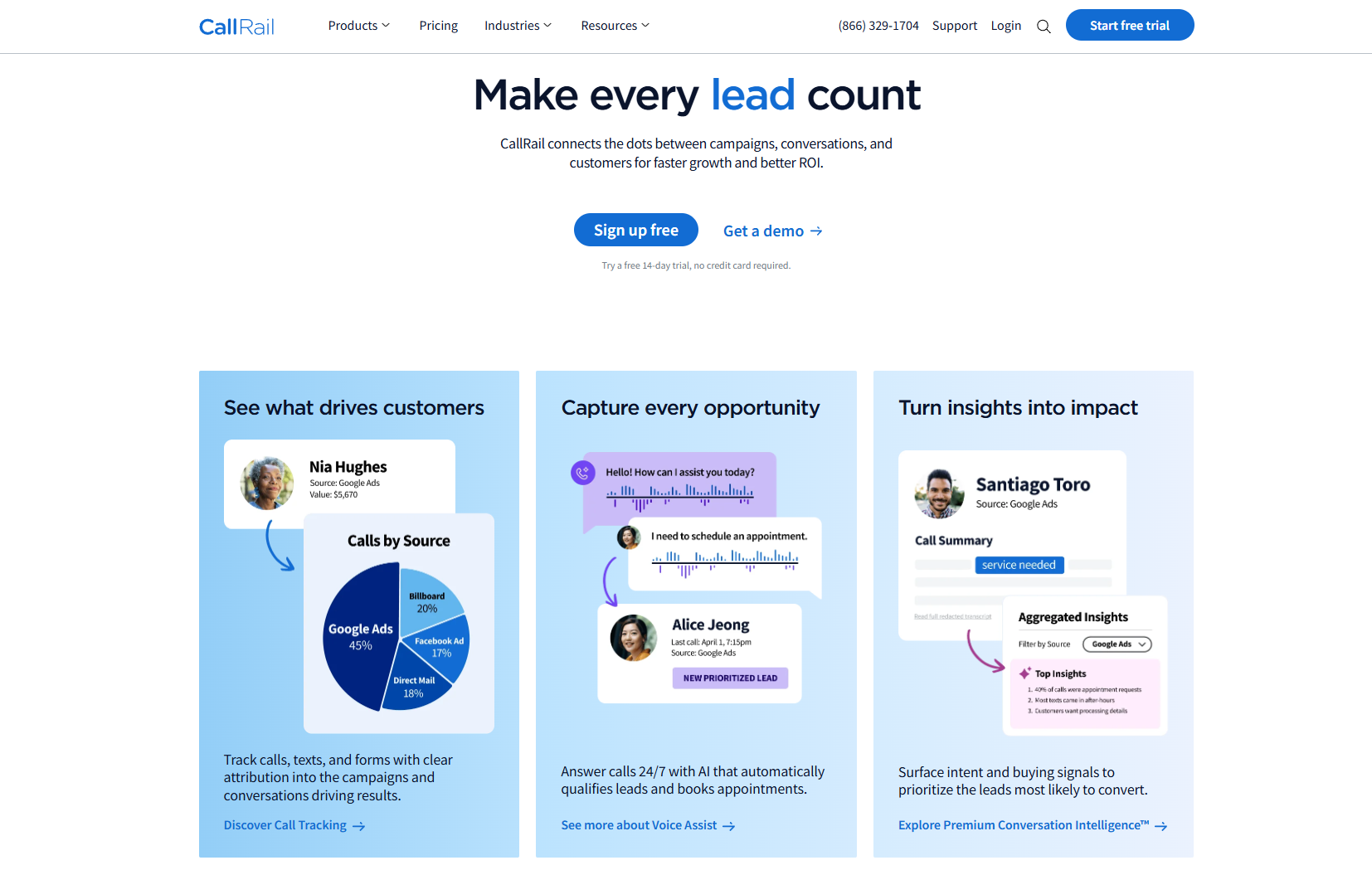 CallRail homepage. An inbound call tracking and conversation intelligence platform connecting campaigns to revenue.