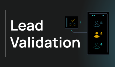 Lead validation illustration showing a phone screen with a list of user profiles, one highlighted, next to a checkmark and data icon representing verified leads
