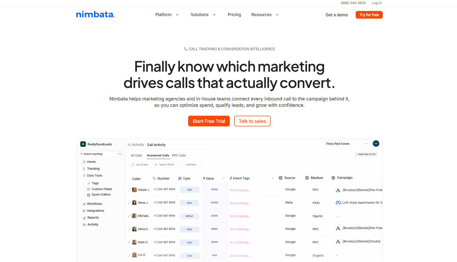Nimbata homepage. An inbound call tracking and conversation intelligence platform focused on marketing attribution and agency reporting.