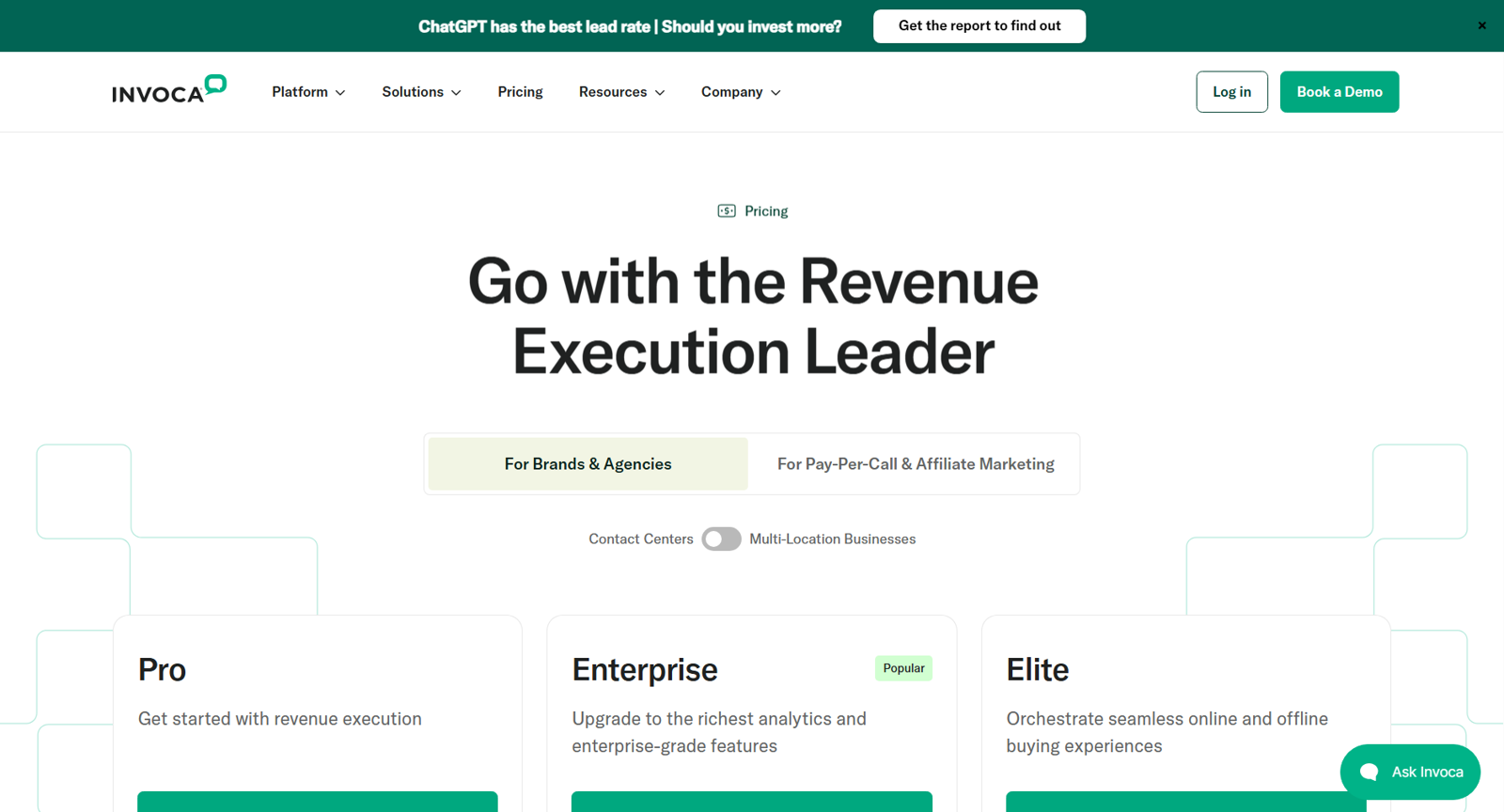 Invoca homepage positioning it as the revenue execution leader