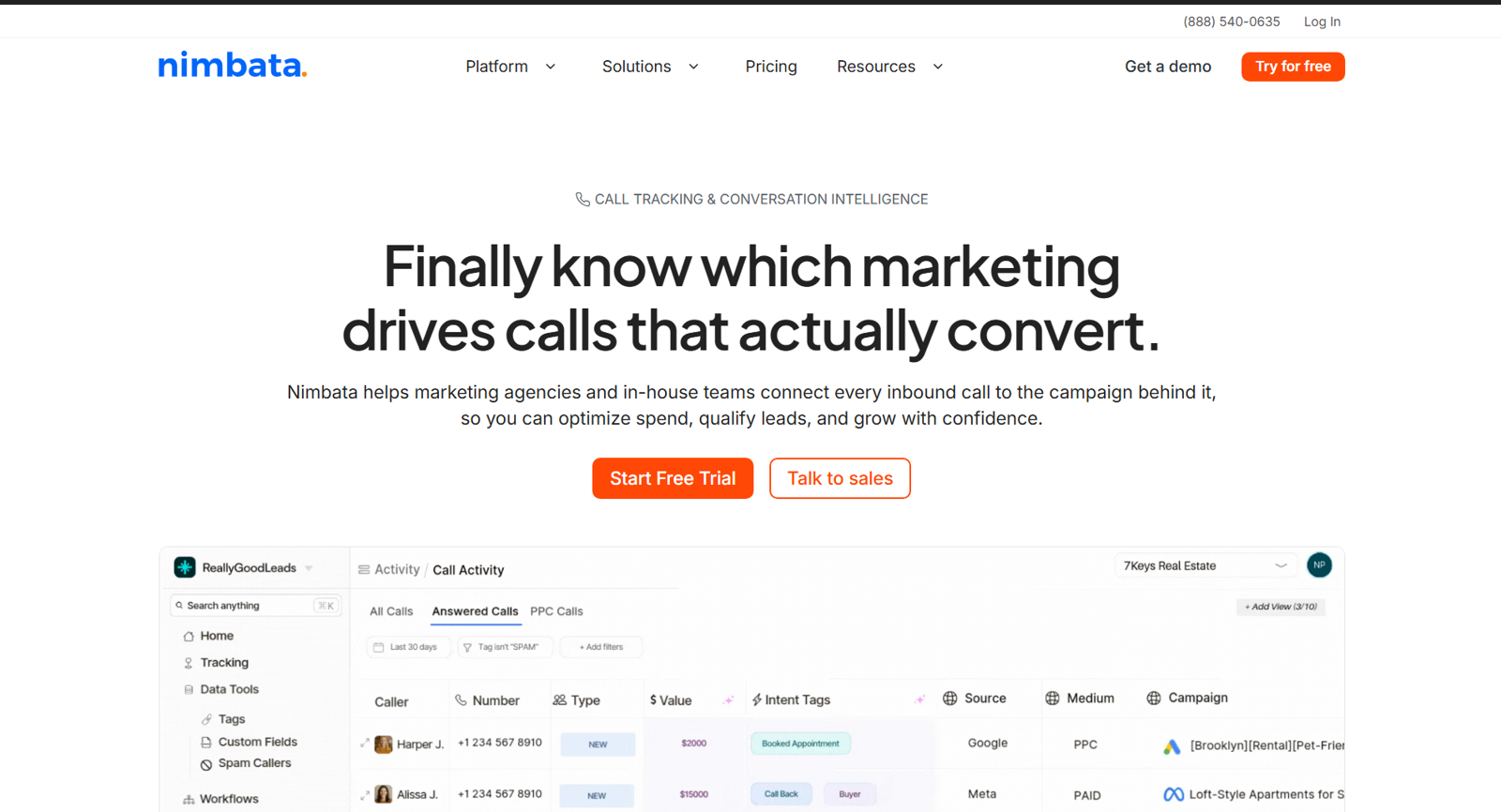Nimbata homepage promising to show which marketing drives calls that convert