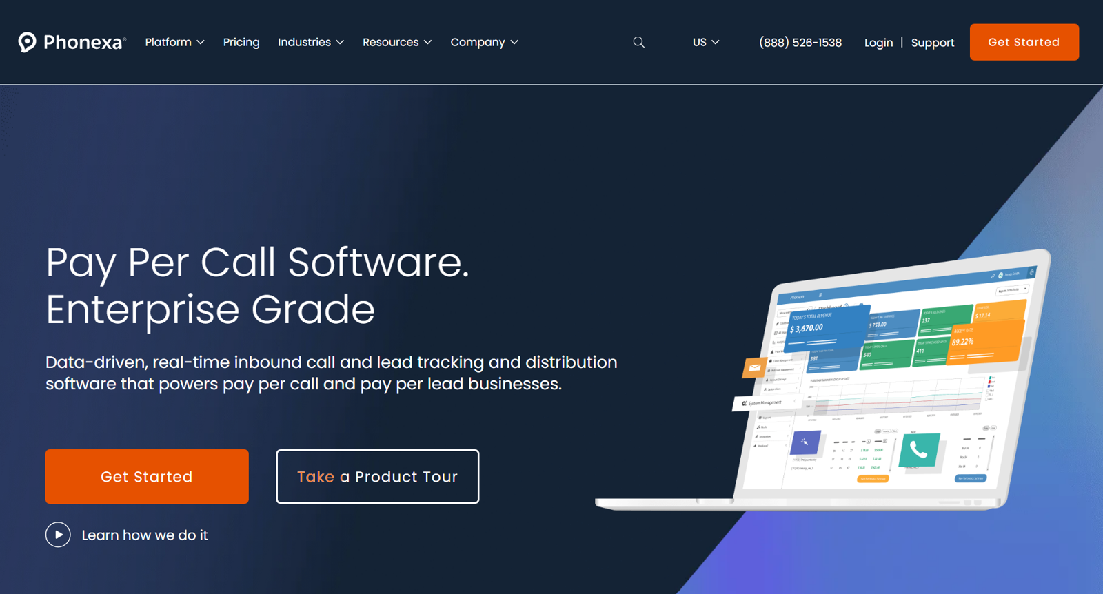 Phonexa homepage. Enterprise pay-per-call software with real-time call and lead distribution